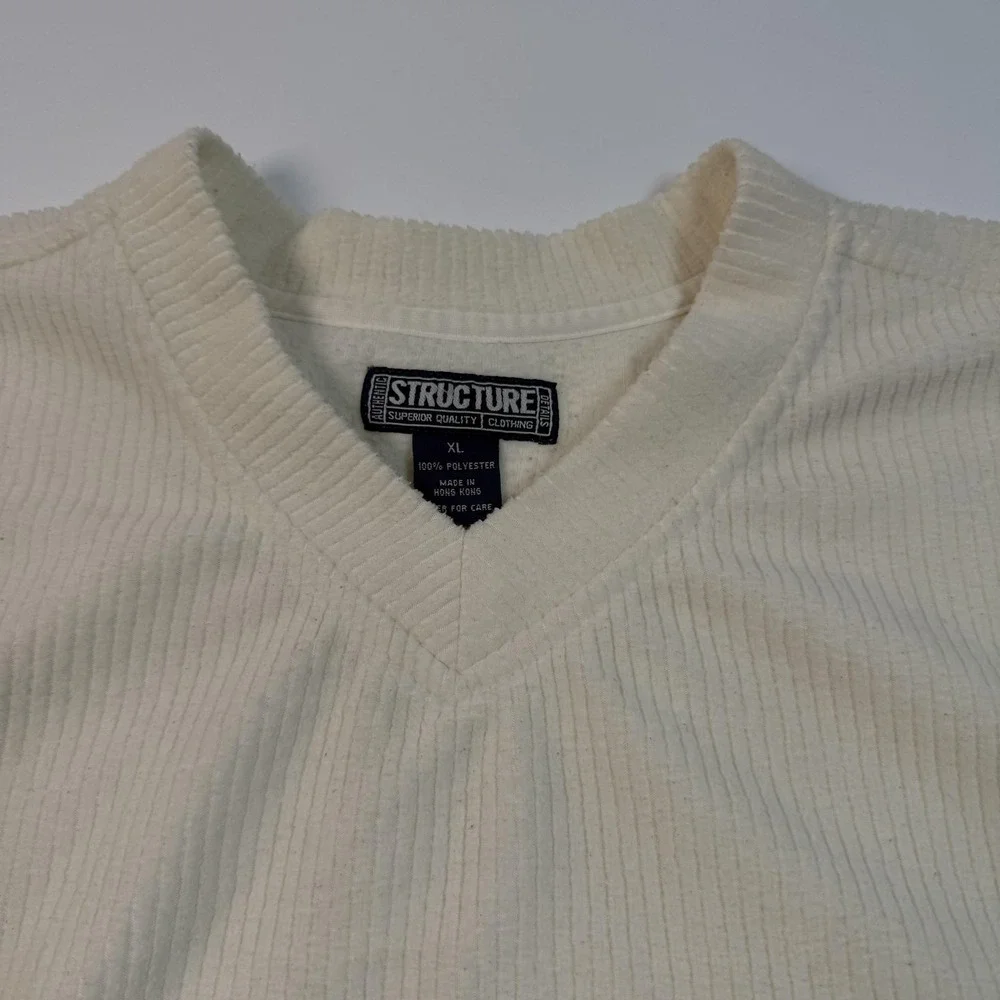 VINTAGE Structure Sweater Mens XL Ivory V-Neck Ribbed Corduroy Look Fleece 90s